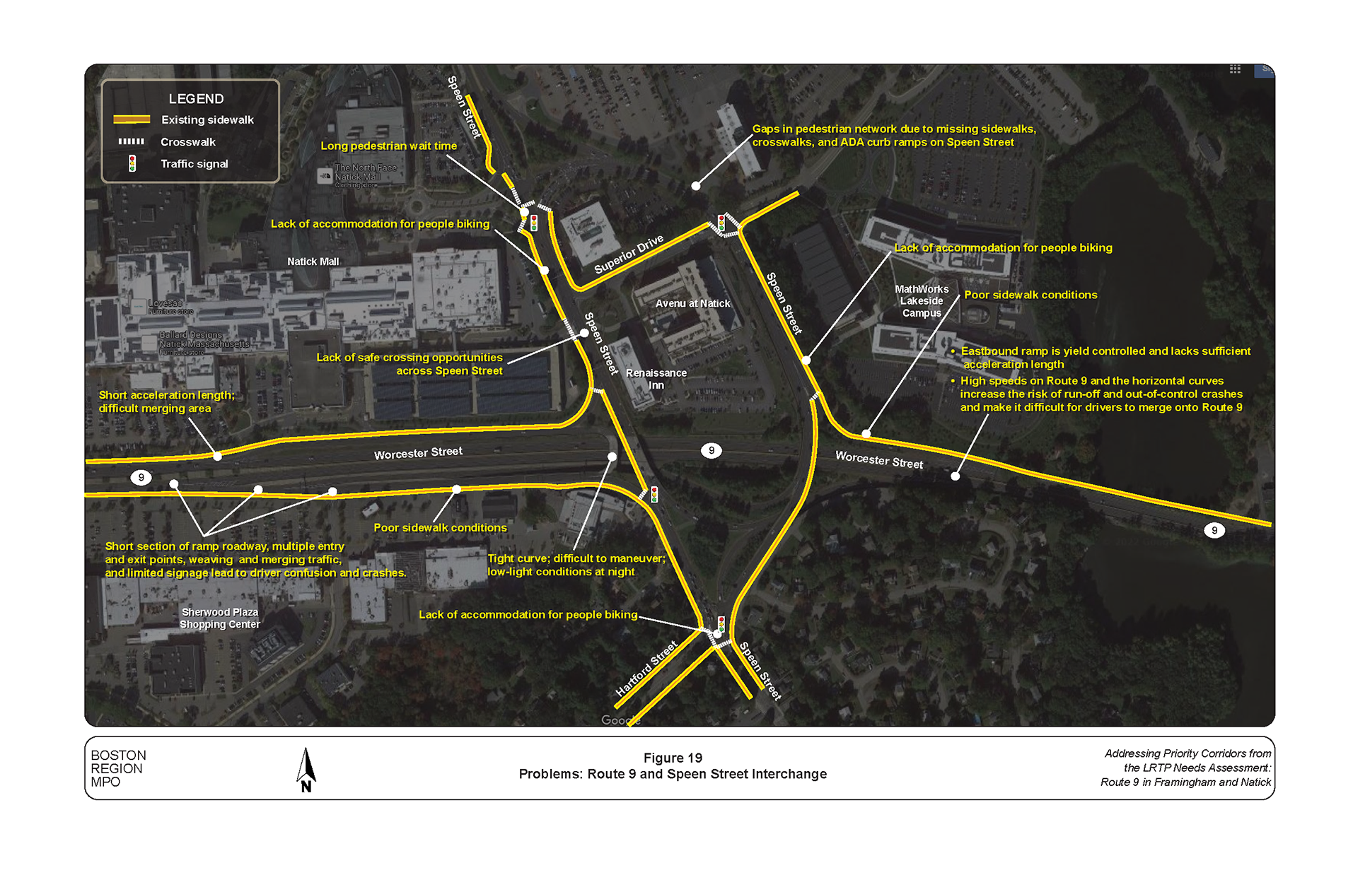 Figure 19 is an aerial photo showing the interchange of Route 9 and Speen Street and the problems